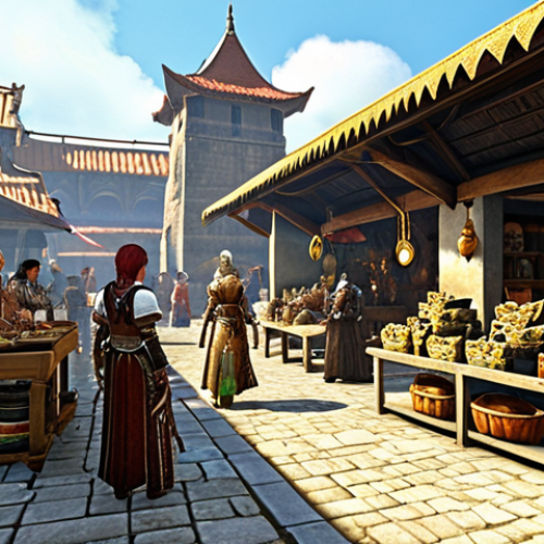 Home 14 **Prompt:** A bustling marketplace in Marianople, ArcheAge. Traders hawk their wares, showcasing crafting materials and early-game equipment. Focus on the vibrant colors and diverse characters, highlighting the introductory quests and starting gold. Morning light, slightly oversaturated.