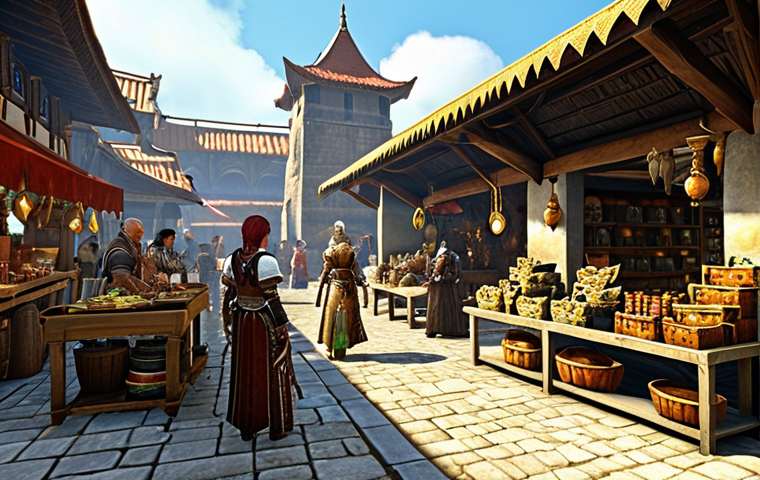 **Prompt:** A bustling marketplace in Marianople, ArcheAge. Traders hawk their wares, showcasing crafting materials and early-game equipment. Focus on the vibrant colors and diverse characters, highlighting the introductory quests and starting gold. Morning light, slightly oversaturated.