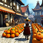 **A bustling marketplace scene in ArcheAge. Traders are bartering seasonal goods (like pumpkins for a Halloween event), highlighting the importance of supply and demand. Think vibrant colors, detailed costumes, and a sense of economic activity. Focus on the merchant NPC and players.**