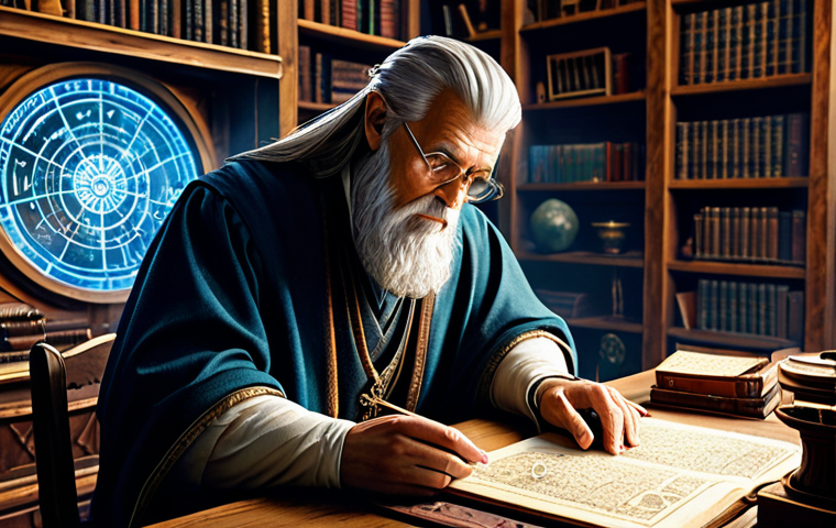 A mature, gender-neutral fantasy scholar, fully clothed in modest, practical attire, sits thoughtfully at a large wooden desk in a richly detailed, candlelit study. Before them, a shimmering, translucent holographic interface displays intricate character statistics and equipment slots, with miniature, glowing representations of gems and runestones hovering near it, suggesting strategic optimization. The scholar's expression is focused and precise. The background features overflowing bookshelves, ancient maps, and arcane instruments. Professional photography, high resolution, soft cinematic lighting, intricate details, epic fantasy art style, safe for work, appropriate content, fully clothed, professional, perfect anatomy, correct proportions, natural pose, well-formed hands, proper finger count, natural body proportions.