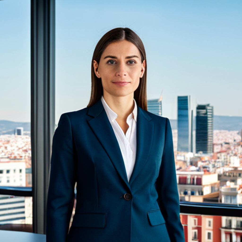 **
"A confident businesswoman in a tailored business suit, fully clothed, standing in a modern office overlooking the Madrid skyline, appropriate attire, safe for work, perfect anatomy, professional photography, high quality."
**
