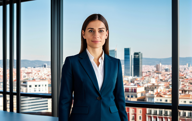 **
"A confident businesswoman in a tailored business suit, fully clothed, standing in a modern office overlooking the Madrid skyline, appropriate attire, safe for work, perfect anatomy, professional photography, high quality."
**