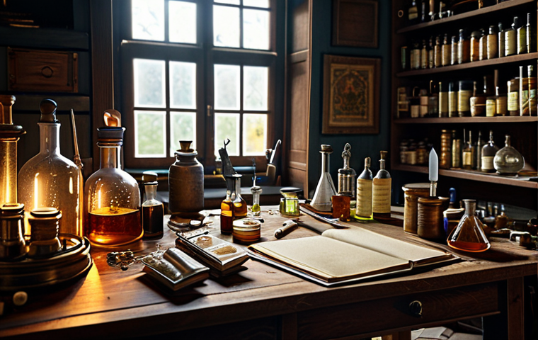 The Alchemist's Workbench**
"A cluttered but organized alchemist's workbench bathed in soft, warm light. Various vials, scrolls, and crafting tools are scattered around a central workbench. A character, fully clothed in modest craftsman's attire, is carefully pouring a glowing liquid into a small vial. In the background, shelves are lined with books and ingredients. The overall scene suggests a meticulous and skilled process. Safe for work, appropriate content, fully clothed, professional, family-friendly, perfect anatomy, correct proportions, natural pose, well-formed hands, proper finger count, natural body proportions."
**