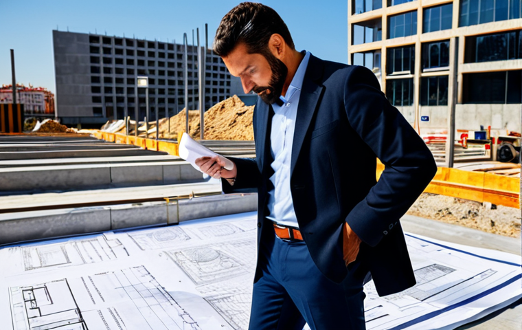 **

A professional architect, fully clothed in a stylish but modest blazer and slacks, reviewing blueprints on a sunlit construction site in Madrid. In the background, modern buildings are being erected. Safe for work, appropriate content, perfect anatomy, correct proportions, natural pose, well-formed hands, proper finger count, professional.

**