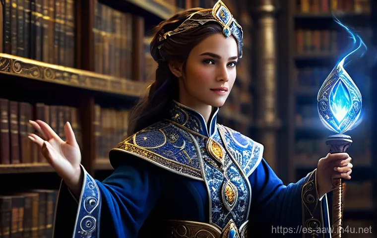 아키에이지 캐릭터 장비 세팅 - **Enchanting Female Archmage**
A powerful female archmage stands in a grand, mystical library, s...