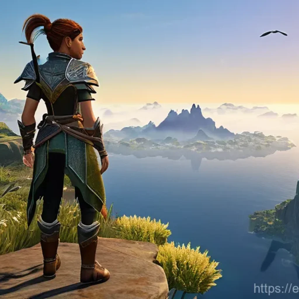 아키에이지 희귀 지역 탐험 - **Prompt: Triumphant Discovery on a Floating Islet**
    A female explorer, mid-20s, with a determin...