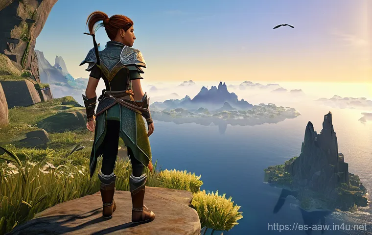 아키에이지 희귀 지역 탐험 - **Prompt: Triumphant Discovery on a Floating Islet**
A female explorer, mid-20s, with a determin...