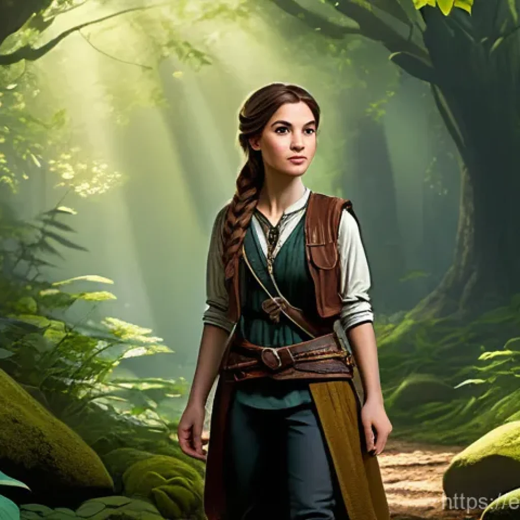 아키에이지 골드 수급 방법 - A whimsical fantasy scene depicting a young female adventurer, in her early twenties, with a determi...