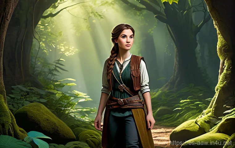 아키에이지 골드 수급 방법 - A whimsical fantasy scene depicting a young female adventurer, in her early twenties, with a determi...