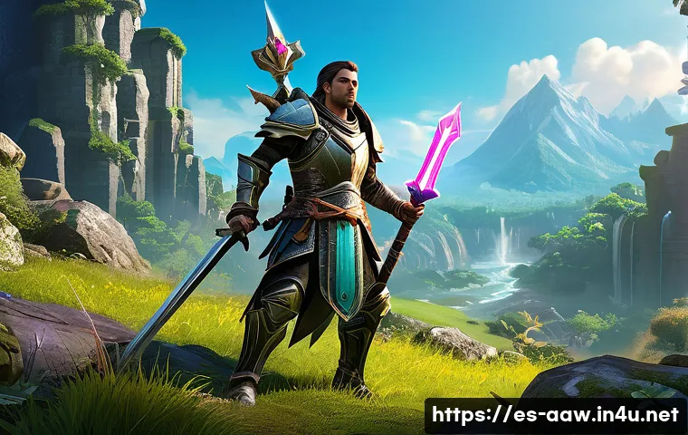 아키에이지 신규 유저 콘텐츠 추천 - A dynamic fantasy MMORPG scene featuring a versatile hybrid class character combining magic and mele...