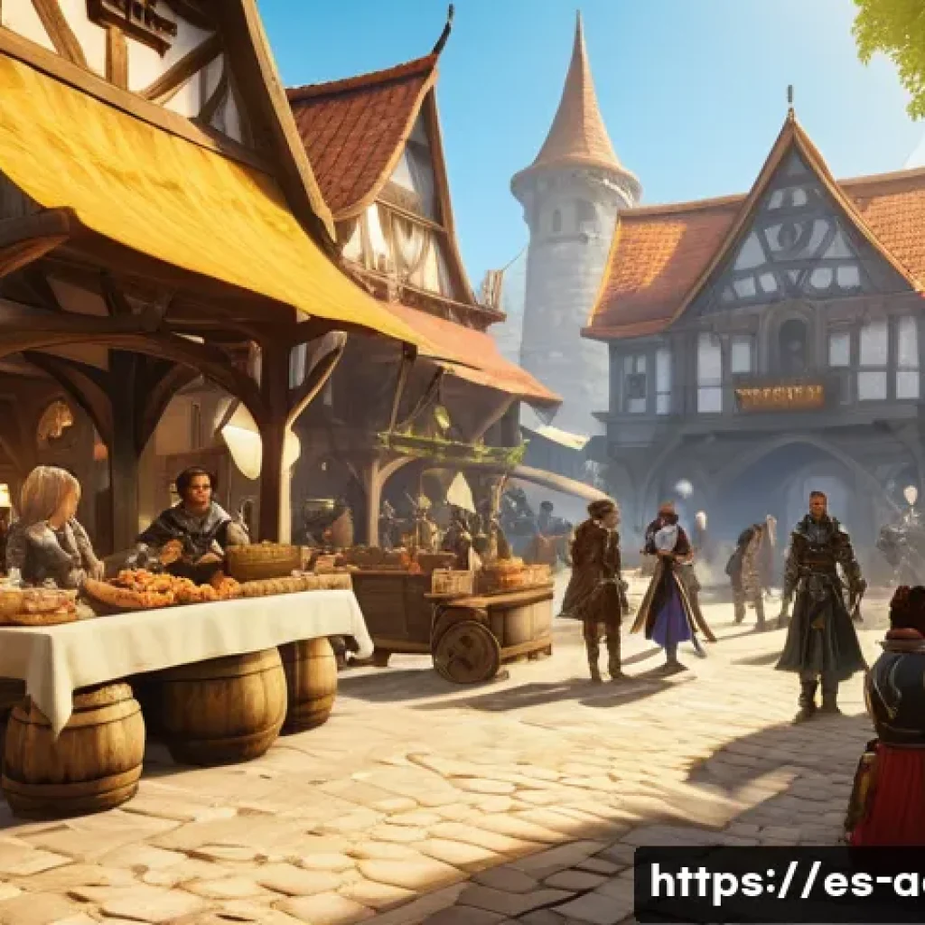 아키에이지 초보 유저 커뮤니티 - A vibrant and bustling ArcheAge community gathering inside a medieval fantasy town square at sunset,...