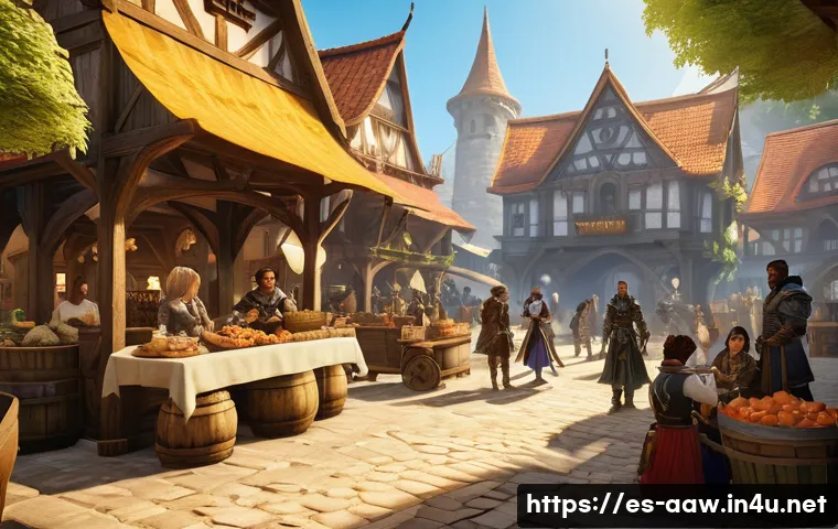 아키에이지 초보 유저 커뮤니티 - A vibrant and bustling ArcheAge community gathering inside a medieval fantasy town square at sunset,...