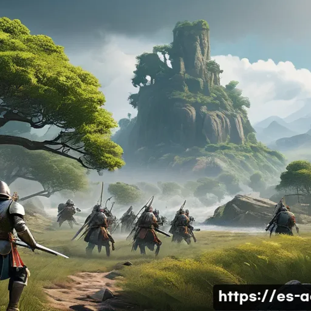 아키에이지 필드 PvP 규칙 - A dynamic open field PvP battle scene in a lush fantasy landscape, featuring armored warriors from d...