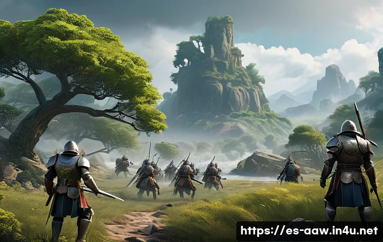 아키에이지 필드 PvP 규칙 - A dynamic open field PvP battle scene in a lush fantasy landscape, featuring armored warriors from d...