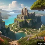 아키에이지 대륙별 탐험 포인트 - A vibrant fantasy landscape of Auroria&rsquo;s hidden valleys near eastern coastal cliffs, featuring lush ...