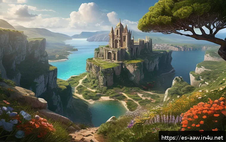 아키에이지 대륙별 탐험 포인트 - A vibrant fantasy landscape of Auroria’s hidden valleys near eastern coastal cliffs, featuring lush ...
