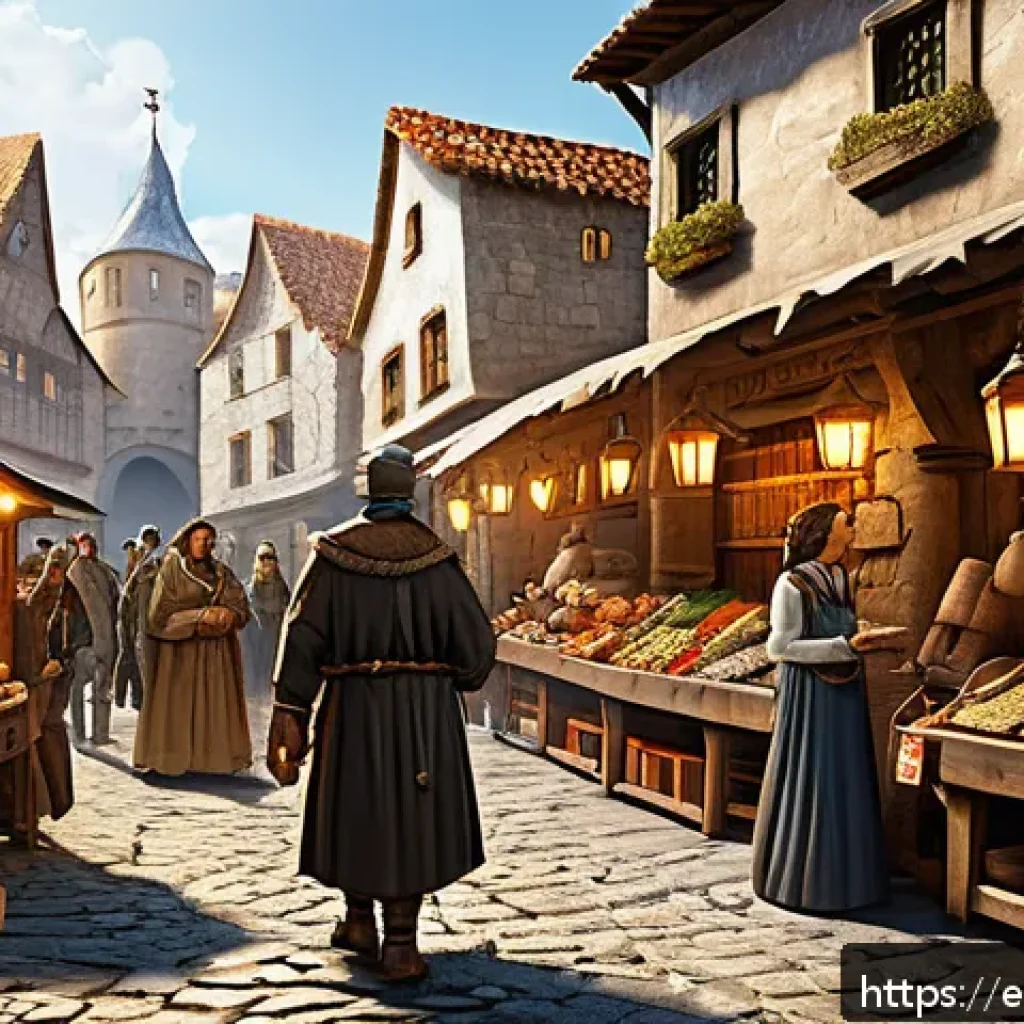 아키에이지 아이템 거래 규칙 - A detailed fantasy game marketplace scene inside a medieval-style town, showing diverse players trad...
