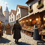 아키에이지 아이템 거래 규칙 - A detailed fantasy game marketplace scene inside a medieval-style town, showing diverse players trad...