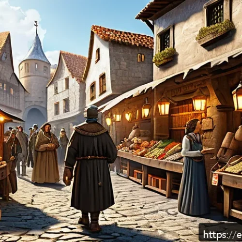아키에이지 아이템 거래 규칙 - A detailed fantasy game marketplace scene inside a medieval-style town, showing diverse players trad...