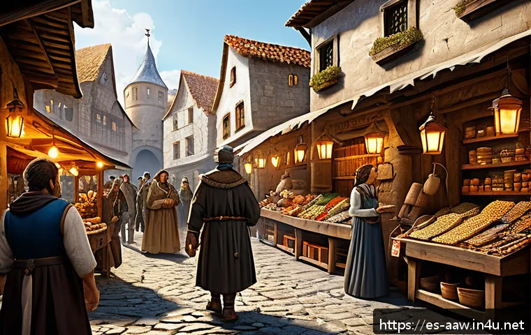 아키에이지 아이템 거래 규칙 - A detailed fantasy game marketplace scene inside a medieval-style town, showing diverse players trad...