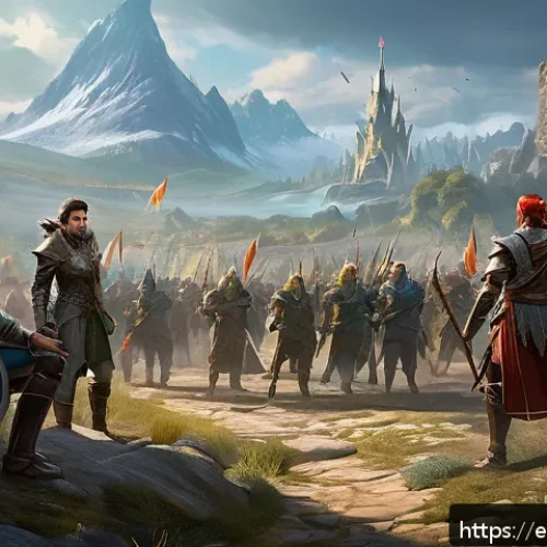 아키에이지 서버 통합 정보 - A vibrant fantasy MMORPG battle scene showing a diverse group of players from merged servers forming...