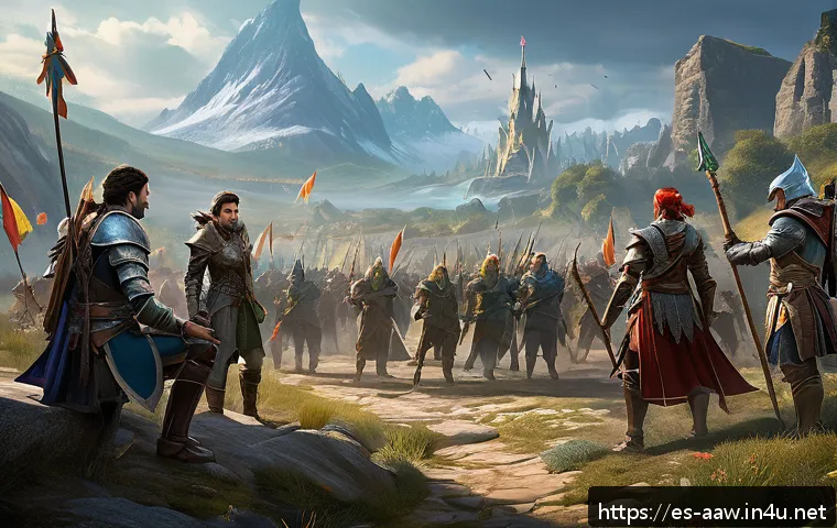 아키에이지 서버 통합 정보 - A vibrant fantasy MMORPG battle scene showing a diverse group of players from merged servers forming...
