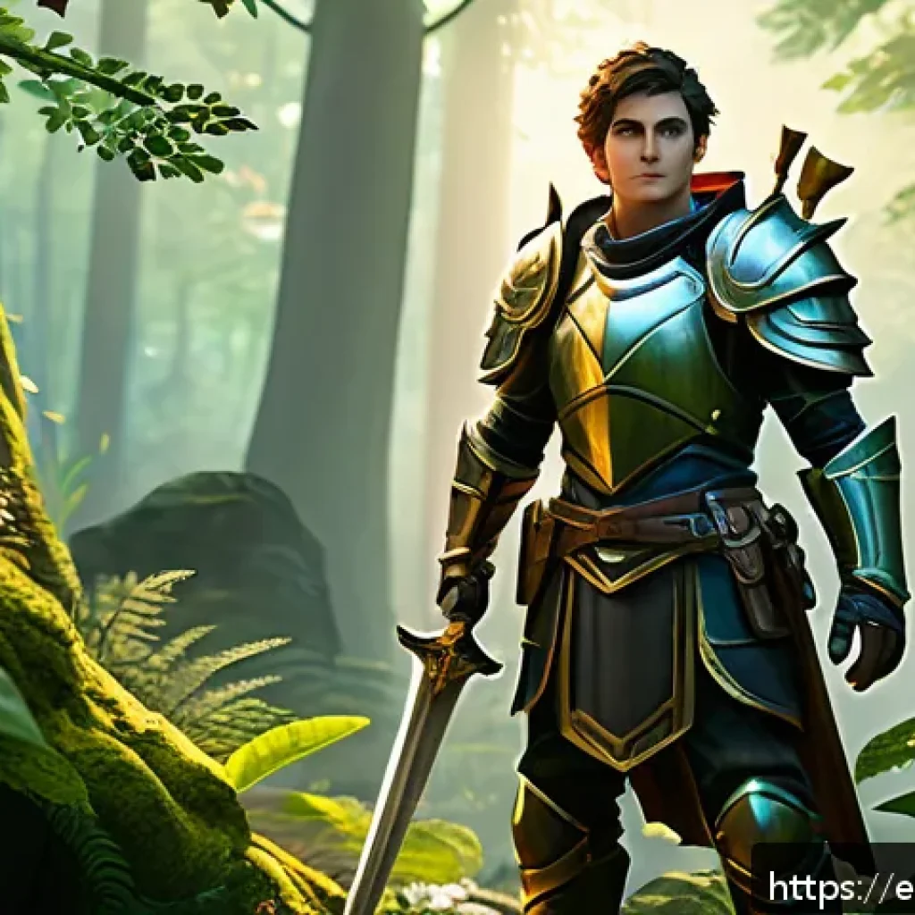 아키에이지 신규 플레이어 혜택 - A vibrant fantasy MMORPG starter scene depicting a confident young adventurer wearing balanced begin...