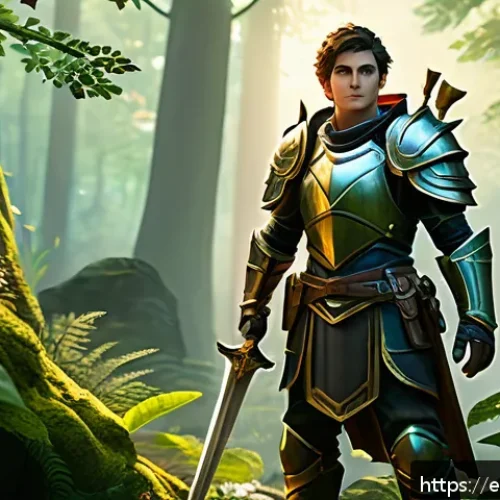 아키에이지 신규 플레이어 혜택 - A vibrant fantasy MMORPG starter scene depicting a confident young adventurer wearing balanced begin...