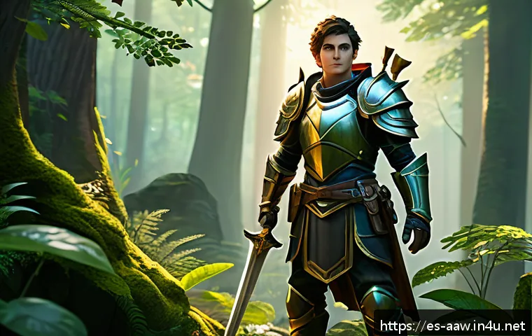 아키에이지 신규 플레이어 혜택 - A vibrant fantasy MMORPG starter scene depicting a confident young adventurer wearing balanced begin...