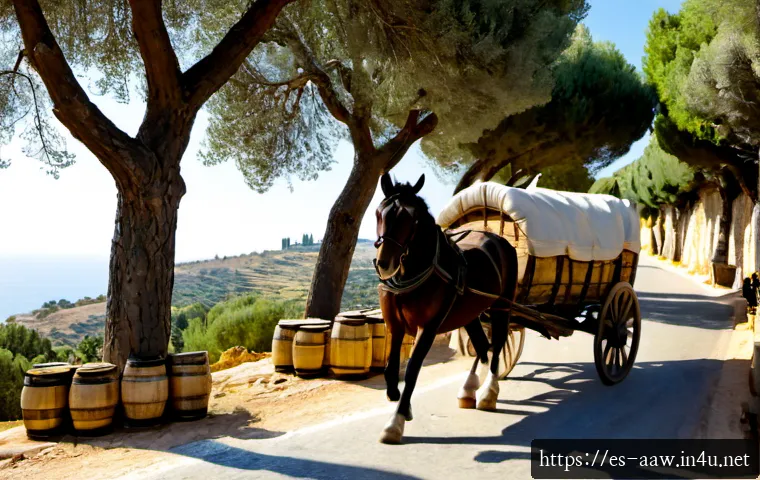아키에이지 무역 시스템 공략 - Photorealistic high-fantasy trade route scene, a sturdy wooden merchant wagon loaded with sealed bar...