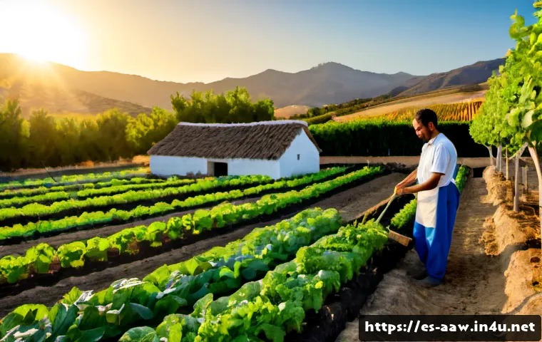 Home 17 아키에이지 농장 운영 비법 - Photorealistic high-fantasy homestead farm at sunrise, an organized Hispanic farmer in practical lin...