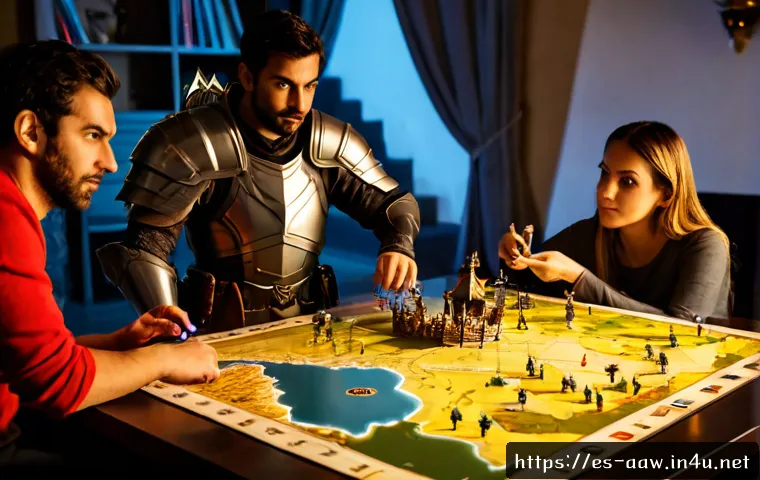 Home 17 아키에이지 레이드 공략법 - Photorealistic fantasy gaming raid strategy scene, four adult friends in a cozy Spanish apartment st...
