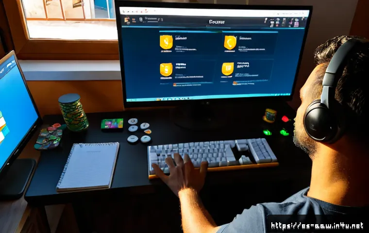Home 17 아키에이지 경제 시스템 노하우 - Photorealistic Spanish gamer analyzing a fantasy online game economy at a tidy home office desk, dua...